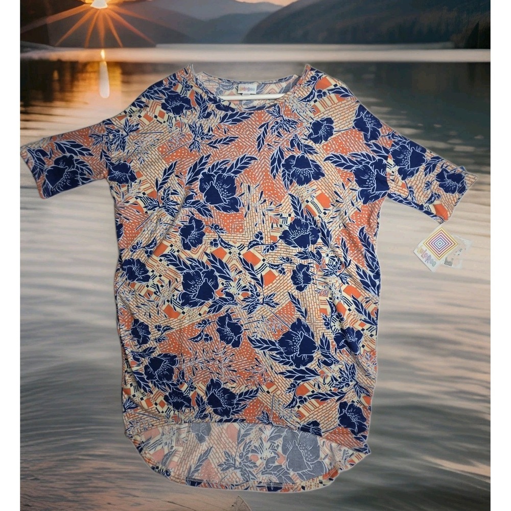 LuLaRoe "Irma" In Geometric Floral Print In Orange/Navy/Beige SZ: XSM NWT